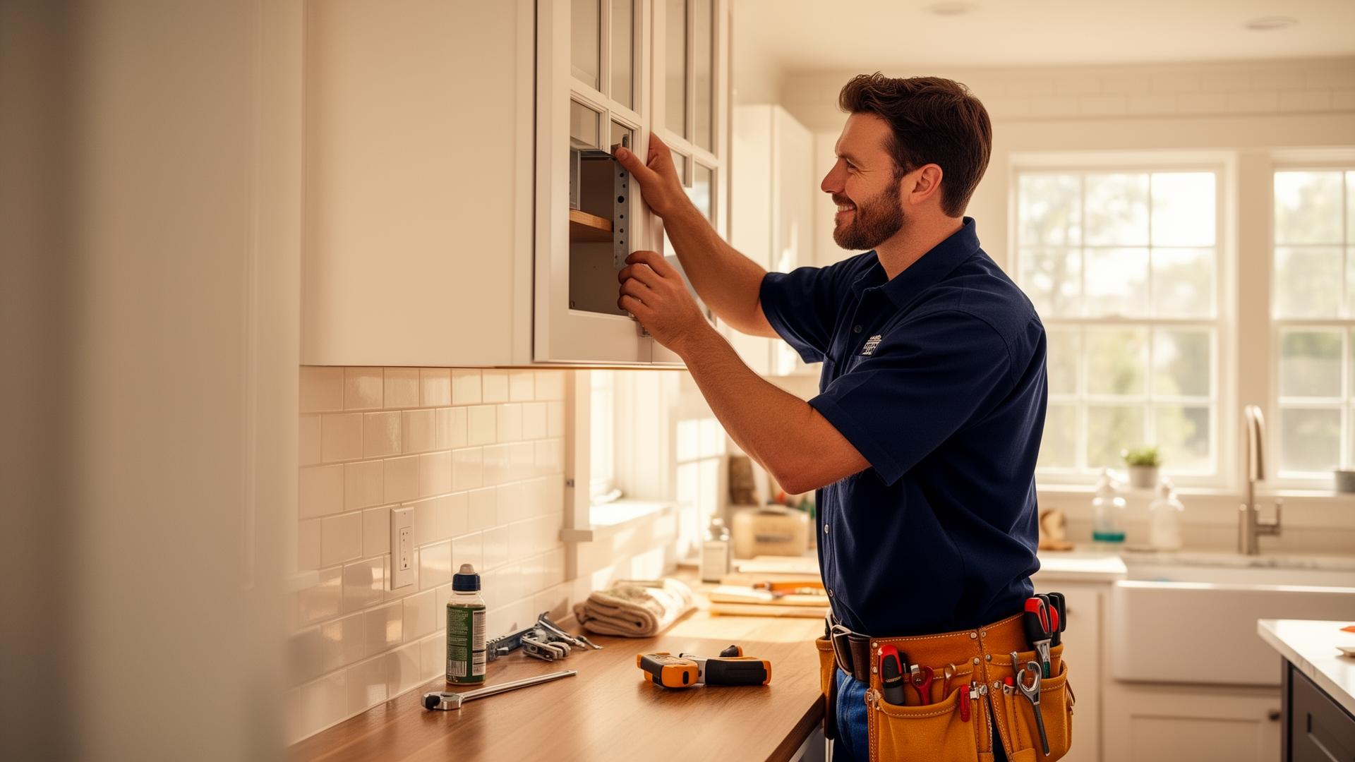 Handyman installing kitchen cabinets in Fall River, MA